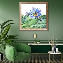 «Цветы и бутоны синего египетского лотоса в листьях» в интерьере гостиной в зеленых тонах