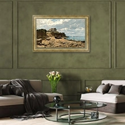 «Fishermen on the Shore of Valascu» в интерьере гостиной в оливковых тонах