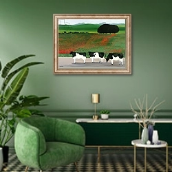 «Cows and Poppies» в интерьере гостиной в зеленых тонах