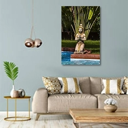 «Статуэтка будды на берегу ручья 3» в интерьере современной гостиной с голубыми стенами