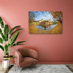 «Беларусь. Осенний вид на Несвижский замок» в интерьере современной гостиной в розовых тонах