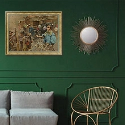 «Уличный рынок» в интерьере классической гостиной с зеленой стеной над диваном