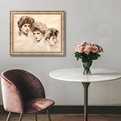 «Portrait d’Yvonne Avollée, de face, de profil à droite et à gauche» в интерьере в классическом стиле над креслом