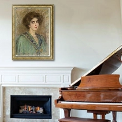 «Лаура в зелёном плаще» в интерьере классической гостиной над камином