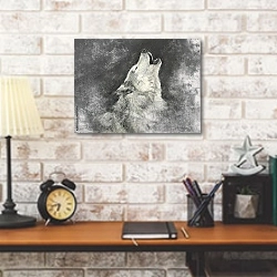 «Воющий белый волк, портрет» в интерьере кабинета в стиле лофт над столом
