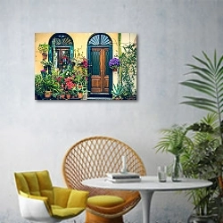 «Италия, Тоскана. Дверь, окно, цветы» в интерьере современной гостиной с желтым креслом