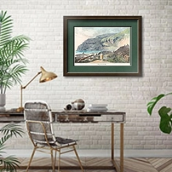 «Вид на озеро» в интерьере кабинета с кирпичными стенами над столом