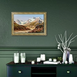 «Silvretta Mountain Landscape with Schattenspitze and Eckhorn» в интерьере прихожей в зеленых тонах над комодом