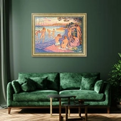 «Sunset; L'heure embrasee, 1897» в интерьере зеленой гостиной над диваном