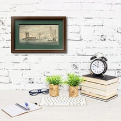 «Побережье Италии с островным судоходством» в интерьере кабинета с белой кирпичной стеной