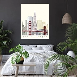 «Сан-Франциско: Вдохновение Золотых Врат» в интерьере современной спальни с черными стенами