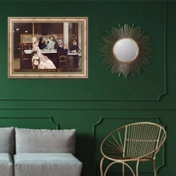 «Café Scene In Paris» в интерьере классической гостиной с зеленой стеной над диваном