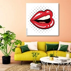 «Женские губы в стиле поп-арт» в интерьере гостиной в стиле поп-арт с желтым диваном