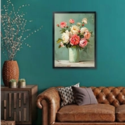 «A symphony of blooming secrets» в интерьере гостиной с зеленой стеной над диваном