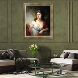 «Портрет Елизаветы Григорьевны Темкиной» в интерьере гостиной в оливковых тонах