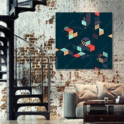«Современная геометрическая абстракция 18» в интерьере двухярусной гостиной в стиле лофт с кирпичной стеной
