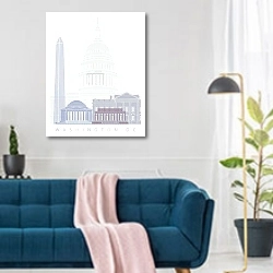 «Вашингтонская пастельная симфония архитектуры» в интерьере современной гостиной над синим диваном