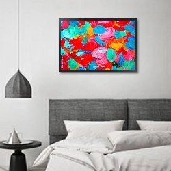 «Цветочная декоративная абстрактная картина» в интерьере спальне в стиле минимализм над кроватью