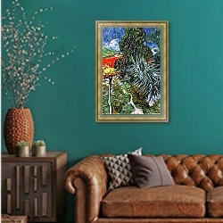 «Сад доктора Гаше в Овере» в интерьере гостиной с зеленой стеной над диваном