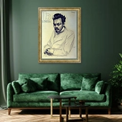 «Portrait of Alexei M. Remizov, 1907 1» в интерьере зеленой гостиной над диваном