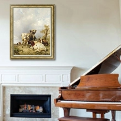 «Бык И Коровы На Фоне Пейзажа» в интерьере классической гостиной над камином