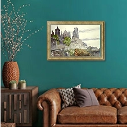 «Laon Cathedral, France» в интерьере гостиной с зеленой стеной над диваном