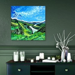 «Тропа предков (Хакасия)» в интерьере прихожей в зеленых тонах над комодом