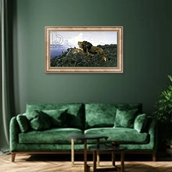 «Lions at Dusk,» в интерьере зеленой гостиной над диваном