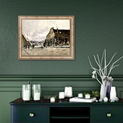 «Улица Бетховена в Пасси» в интерьере прихожей в зеленых тонах над комодом