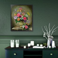 «Peonies and irises in a ceramic vase» в интерьере прихожей в зеленых тонах над комодом