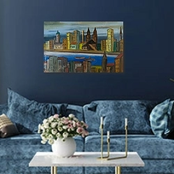 «Город на реке с церквями и разноцветными домами» в интерьере современной гостиной в синем цвете