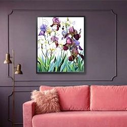 «White and Purple Irises» в интерьере гостиной с розовым диваном