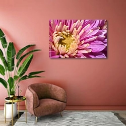 «Розовые лепестки цветка с каплями росы, макро» в интерьере современной гостиной в розовых тонах