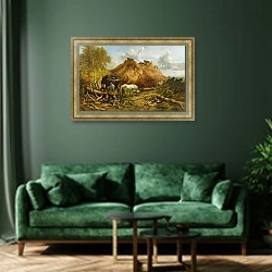 «Clearing the Wood for the Iron Way, 1880» в интерьере зеленой гостиной над диваном