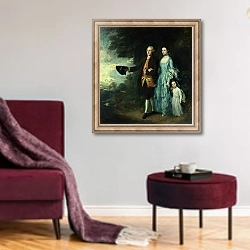 «Mr. and Mrs. George Byam and their eldest daughter, Selina, c.1764» в интерьере гостиной в бордовых тонах