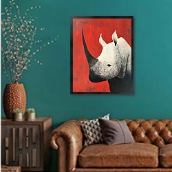 «Rhino's horned honor» в интерьере гостиной с зеленой стеной над диваном