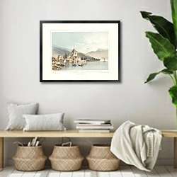 «Oberhofen et la Jungfrau Lac de Thoune» в интерьере комнаты в стиле ретро с плетеными корзинами