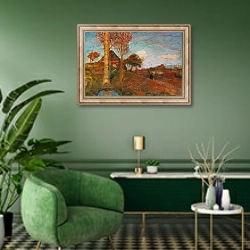 «Herbstliche Abendsonne im Moor» в интерьере гостиной в зеленых тонах