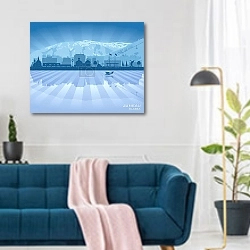 «Горизонты Джуно: Силуэты Аляски» в интерьере современной гостиной над синим диваном