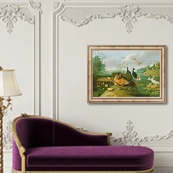 «Decorative fowl and ducklings» в интерьере в классическом стиле над банкеткой