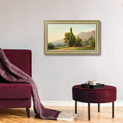 «Вид на Ай-Петри, Крым» в интерьере гостиной в бордовых тонах