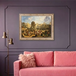 «View Of The Market And Fontaine Des Innocents, Paris» в интерьере гостиной с розовым диваном