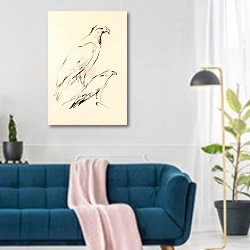 «Величие пернатых» в интерьере современной гостиной над синим диваном