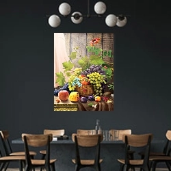 «Корзина фруктов на столе» в интерьере столовой с черными стенами