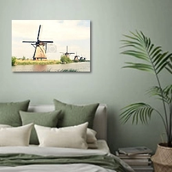 «Голландия. Деревня мельниц Киндердейк» в интерьере современной спальни в зеленых тонах