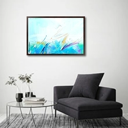 «Абстрактная красочная картина в голубых тонах» в интерьере в стиле минимализм над креслом