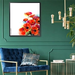 «Красные цветы мака, акварель» в интерьере в классическом стиле с зеленой стеной