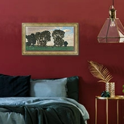 «Langenpreising, Viehweide mit großen Bäumen» в интерьере спальни с акцентной стеной