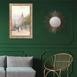 «Houses Of Parliament And Westminster» в интерьере классической гостиной с зеленой стеной над диваном