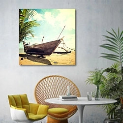 «Лодка на тропическом пляже» в интерьере современной гостиной с желтым креслом